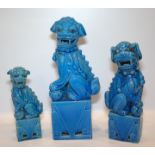 Three Antique Chinese Turquoise Glazed Temple Dogs, Largest Height 10 Inches