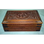 Unusual Antique Chinese Carved Sandle Wood Canton Hinged Box, With Silver Mounts, Carved Lid. c1850