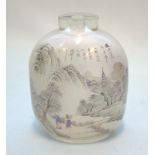 A LARGE ANTIQUE CHINESE INTERNALLY DECORATED GLASS SNUFF BOTTLE finely painted with a mountains