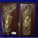 Pair Of Cast Brass Figures Depicting Two Of The Muses, Mounted On A Oak Plaque With Strut. Overall