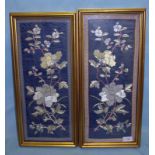 Pair Of Tientsin Antique Embroidered Silk Panels, Finely Executed With Floral Decoration, Framed And