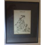 Antique Japanese Wood Block Framed Print Depicting A Geisha Girl, Signed