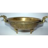 Large Antique Brass Incense Bowl With Unusual Elephant Handles And Feet, Cast Character Marks To