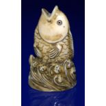 Japanese/Chinese Ivory Carving Of A Leaping Carp Amongst Waves, Horn Inset Eyes, Marks To Base
