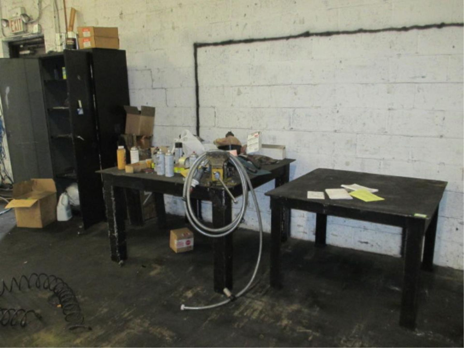 Lot: (2) Metal Tables with Storage Cabinet. 4ft x 4ft and 40in x 40in. Includes Vise. HIT# 2188129.