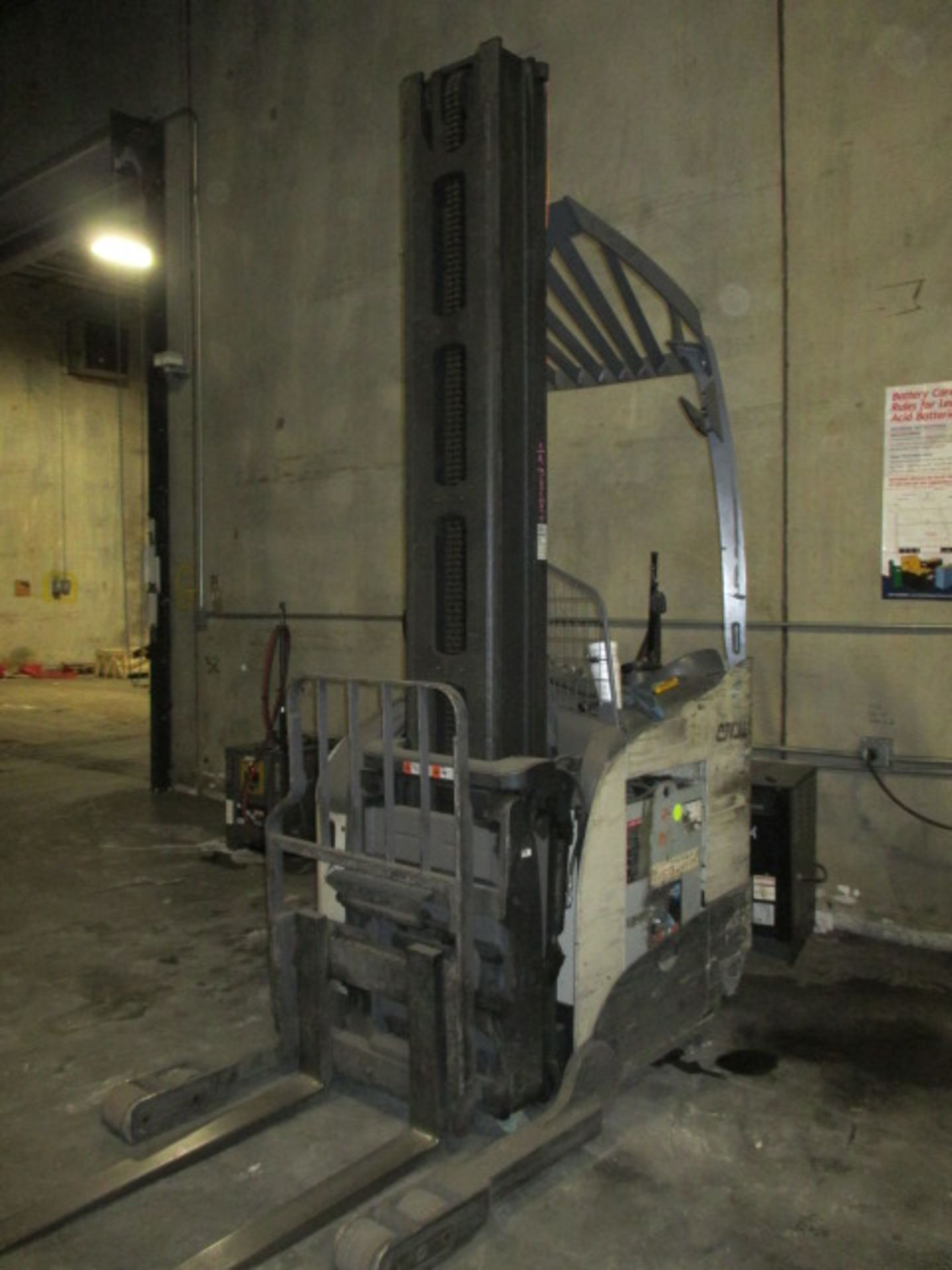 Crown RR6025-45 4-Wheel Electric Narrow-Aisle Reach Truck [front tire worn]. Two-Stage Mast with 3.