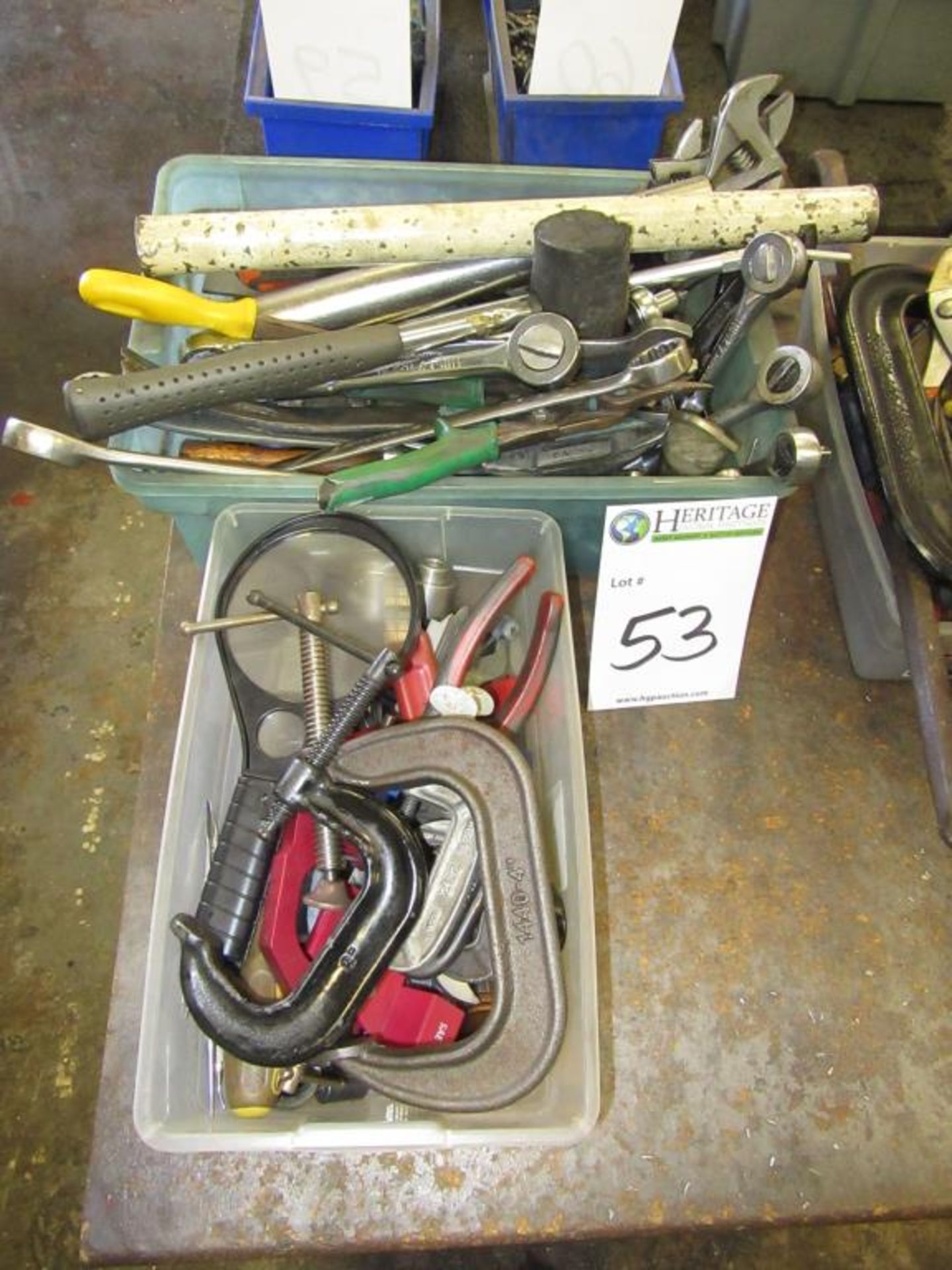 Lot: (2) Plastic Bins with Assorted Wrenches, Files, C-Clamps & Hand Tools. HIT# 2194940. Asset(s)