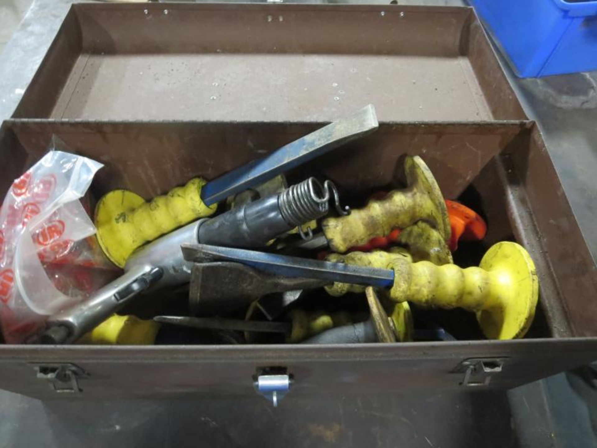 Tool Box with assorted Chisels & Air Hammer. Hit # 2202917. Bldg. 1 Maint. Shop. Asset Located at
