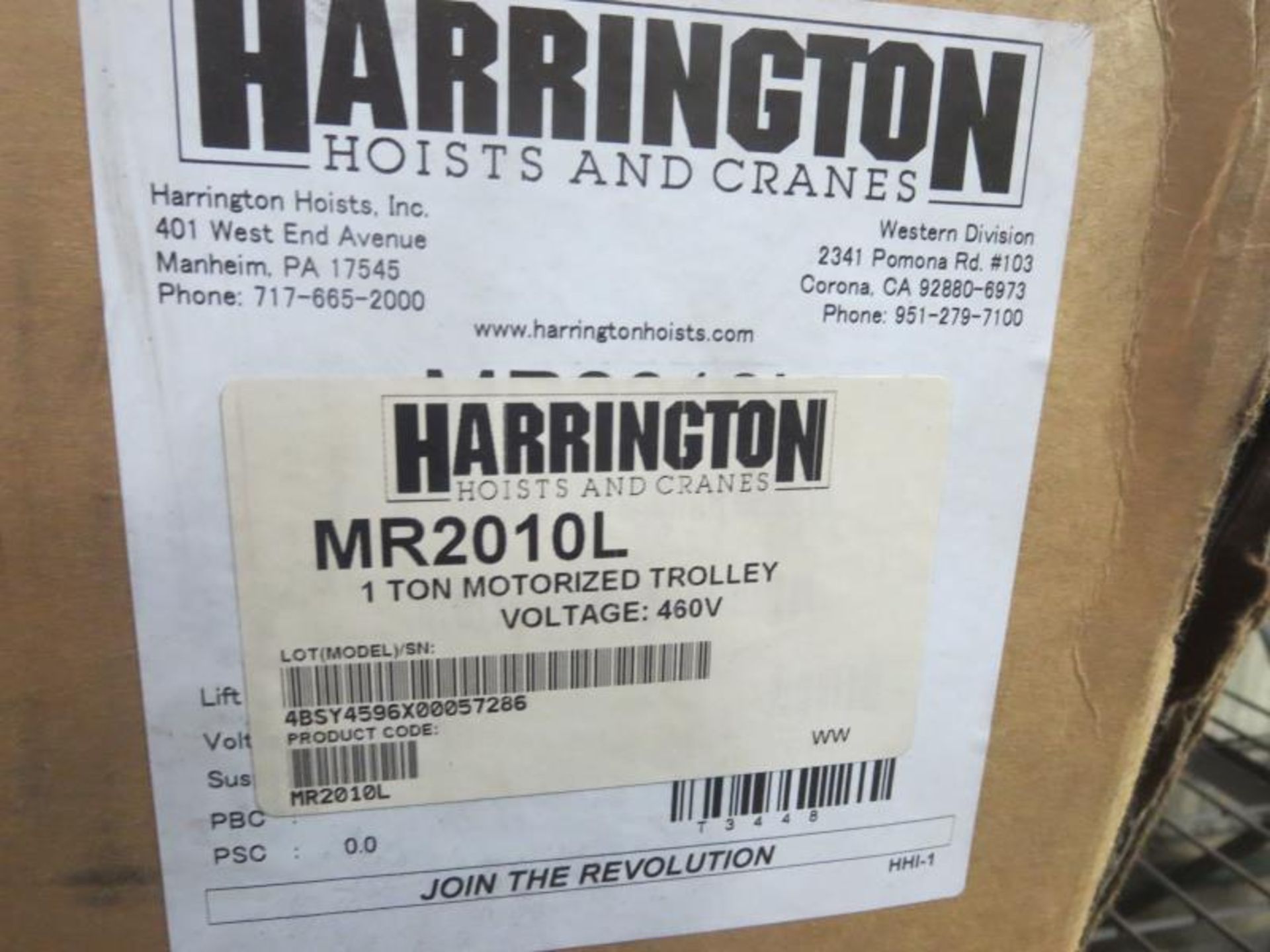 Harrington MR2010L Motorized Trolley. 1 ton, 460v. Hit # 2202971. Bldg.1.8.4. Asset Located at 820 S