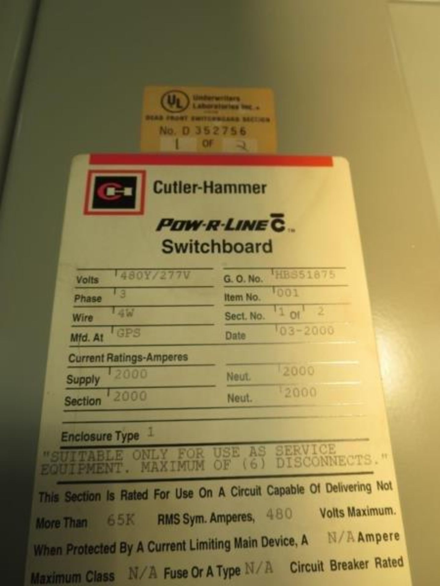 Cutler Hammer HBS51875 Lot (Qty 2 Cabinets) Switch Board, 1 cabinet with 2000amp Breaker. Hit # - Bild 4 aus 9