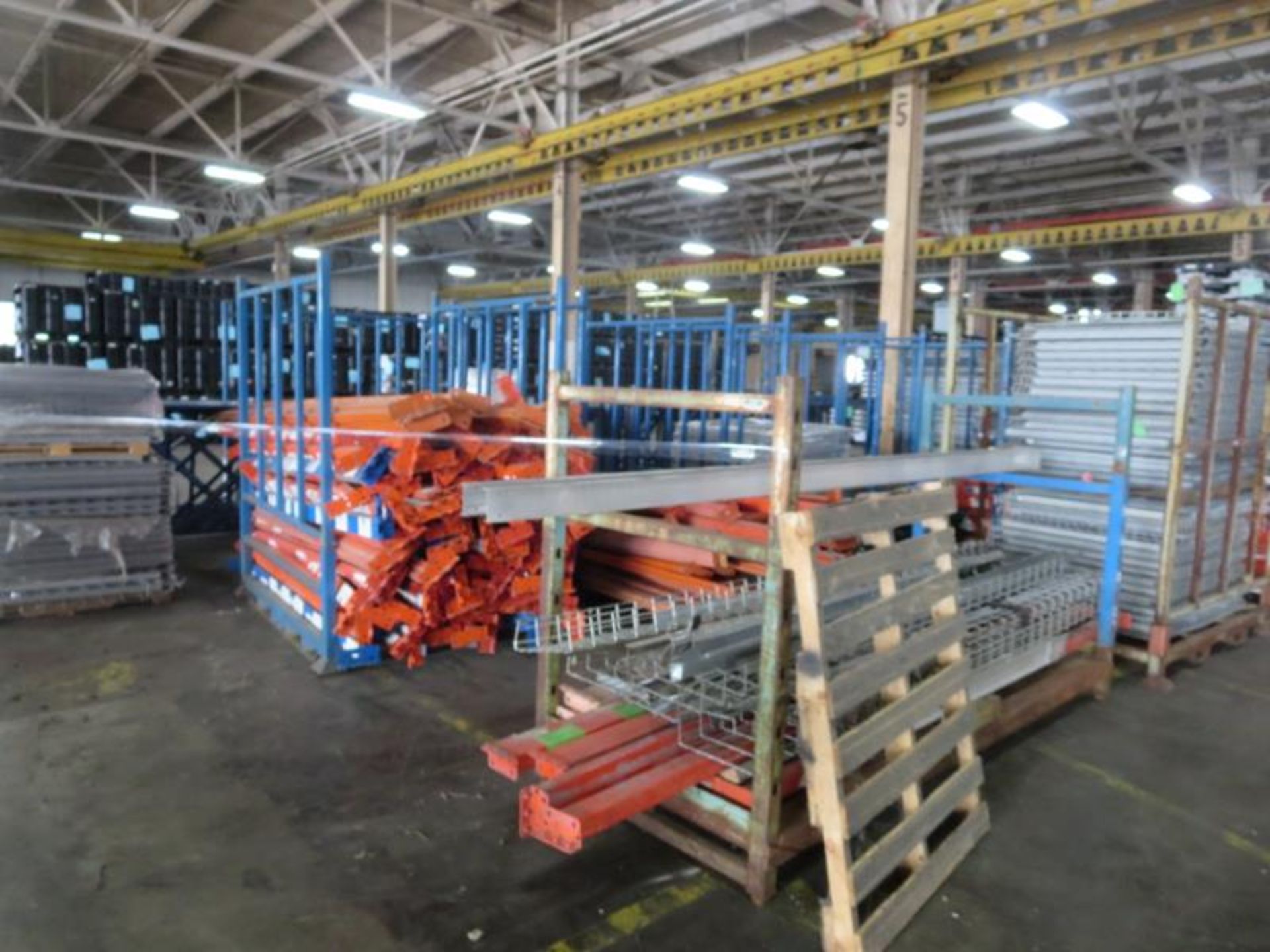 Pallet Racking, 50 uprights, 42" wide, 12'8 to 17' h. (6) skids of Wire shelving, 4 skids of cross
