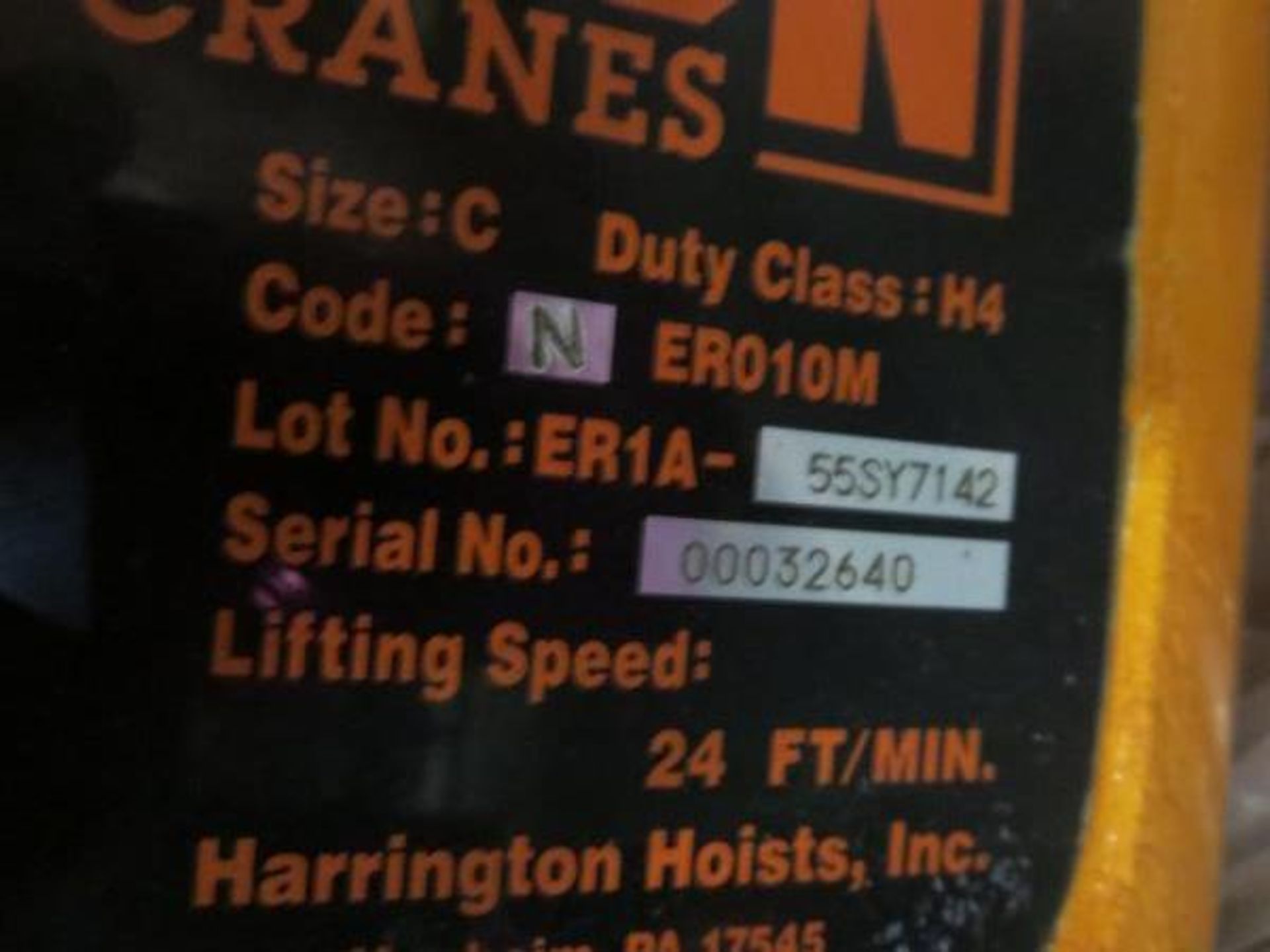 Harrington Code ER010M 1 Ton Crane Hoist, No Pendent. SN# 00032640. Hit # 2202997. Bldg.1 Cage. - Image 3 of 3