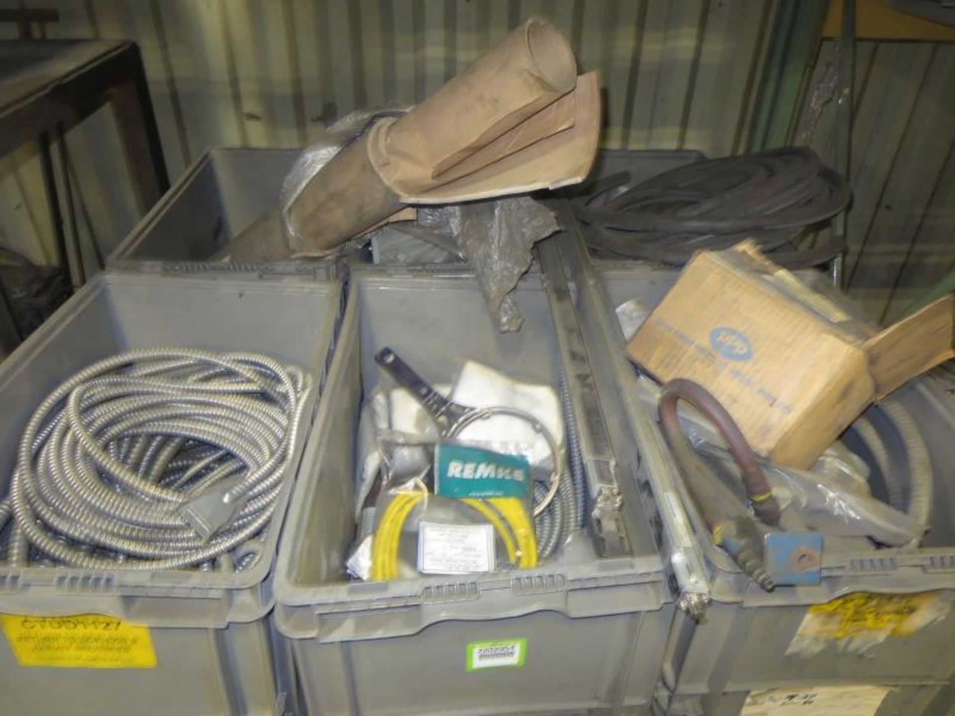 Assorted Parts. Lot 1 Skid 18 totes with parts, Keyence light curtains, conduit, Vibration - Image 2 of 8