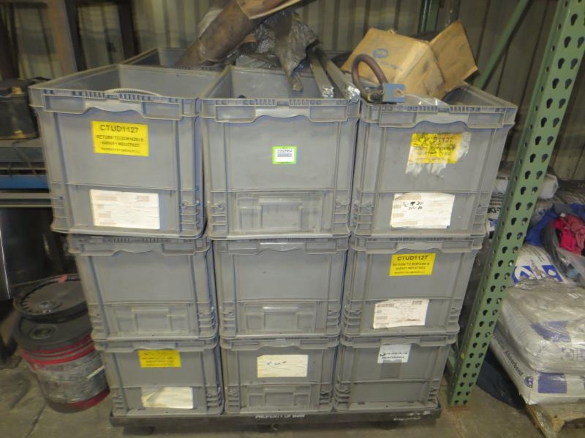 Assorted Parts. Lot 1 Skid 18 totes with parts, Keyence light curtains, conduit, Vibration