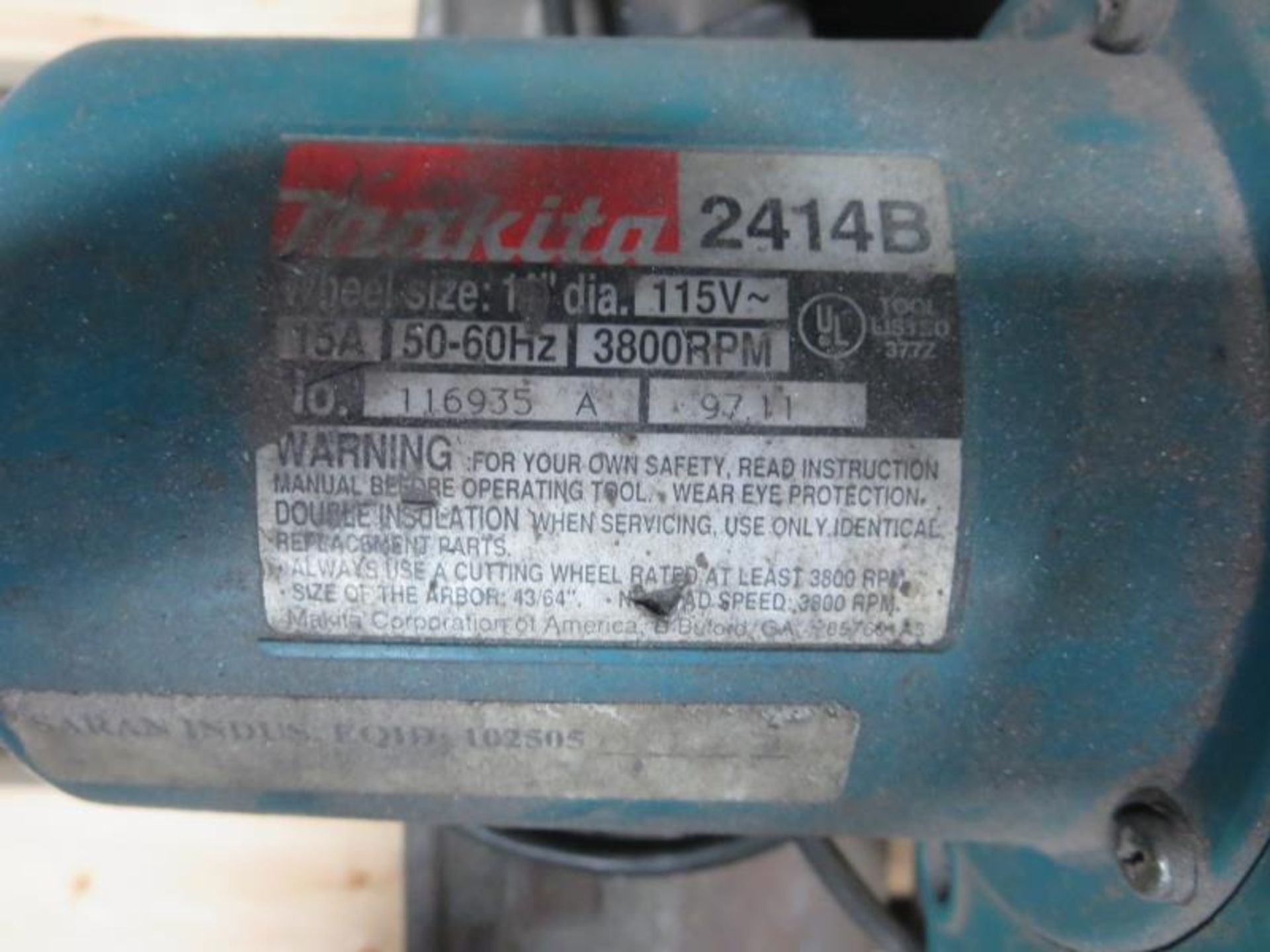 Makita 14" Chop Saw, 115v. Hit # 2202885. Bldg.1 Maint. Shop. Asset Located at 820 S Post Rd, - Image 2 of 2