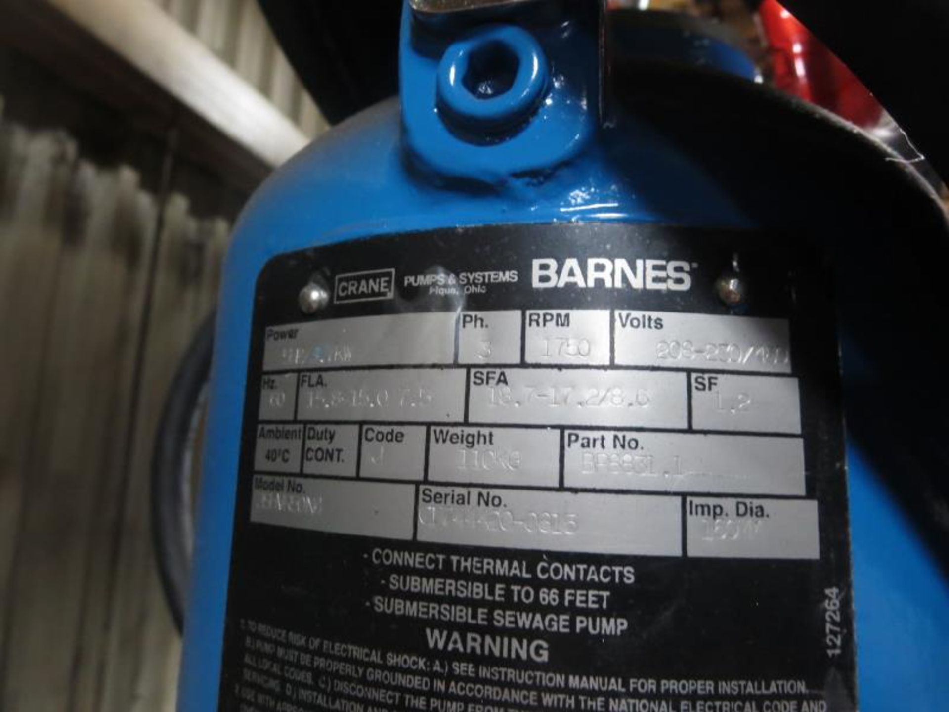 Barnes 3SHVR50NA Sewage Pump, 460v. On Original Crate. Hit # 2202961. Bldg.1.10.4. Asset Located - Image 2 of 3