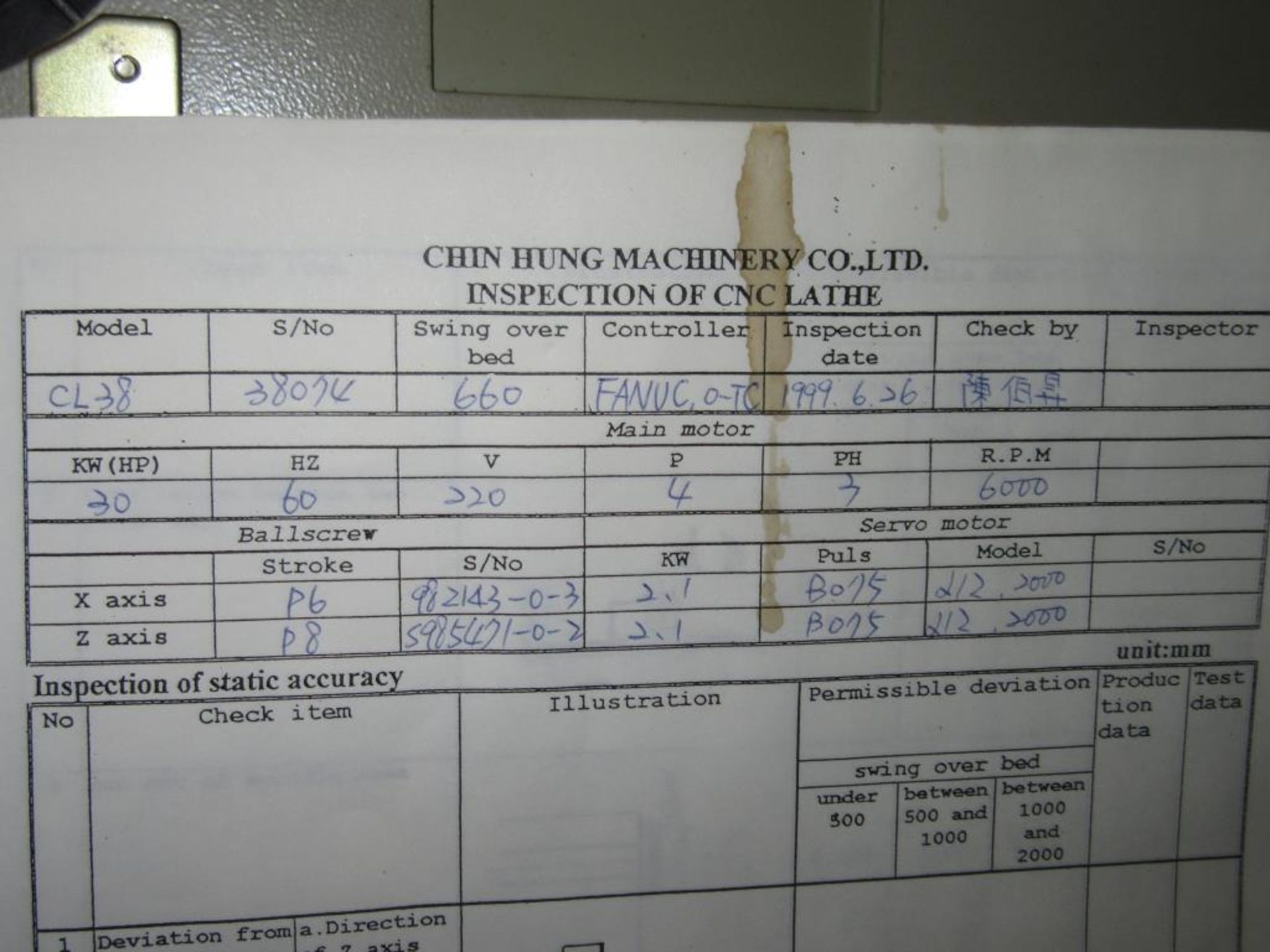 Mighty Viper / Chin Hung T-6 / CL-38-2000. 1999 - CNC Lathe with Fanuc Series O-T 2-Axis Control - Image 22 of 26