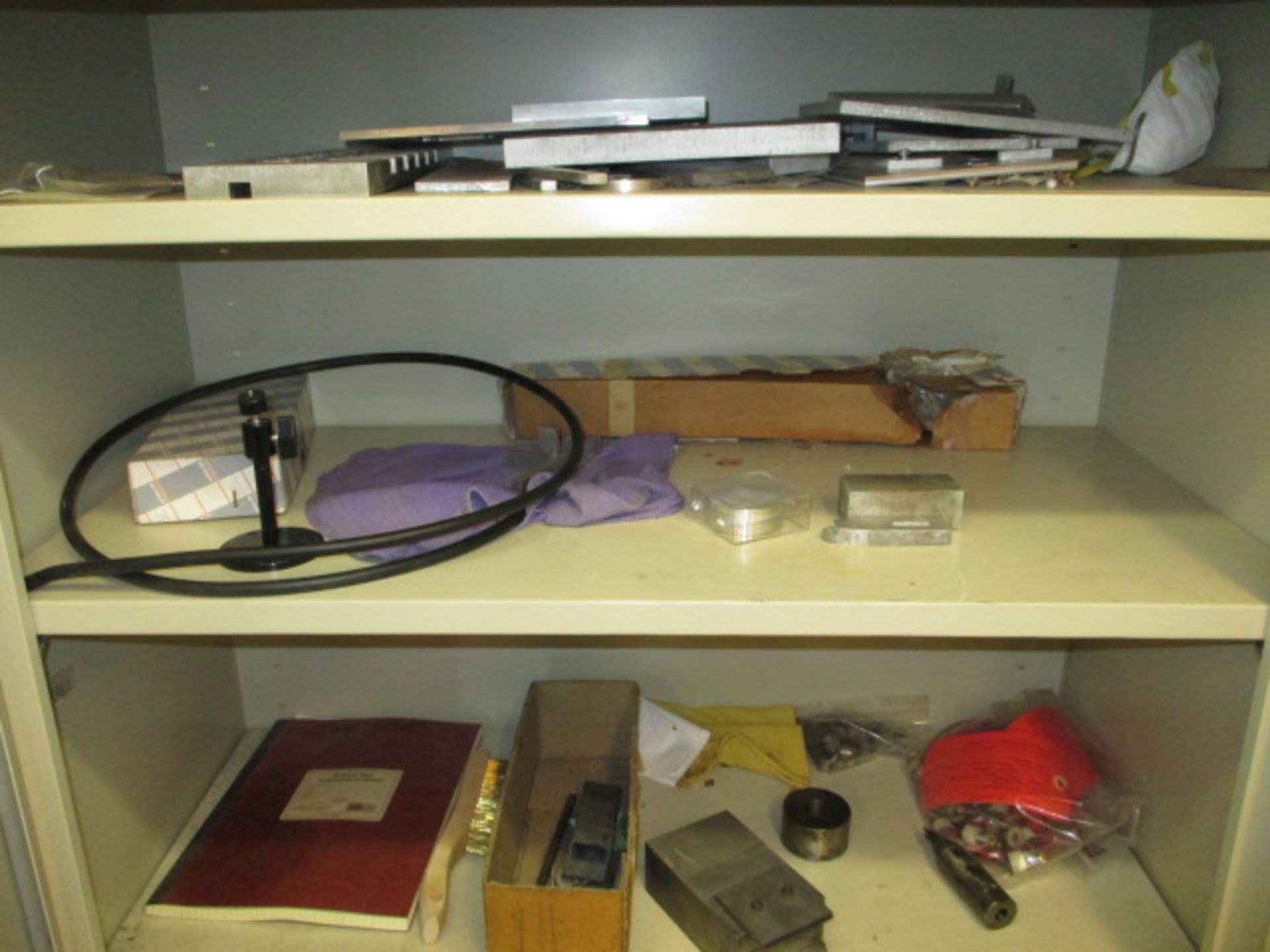 Cabinets with Contents. Lot: (2) Storage Cabinets, (1) 8-Tier Metal Shelving. Contents Include: - Image 2 of 5