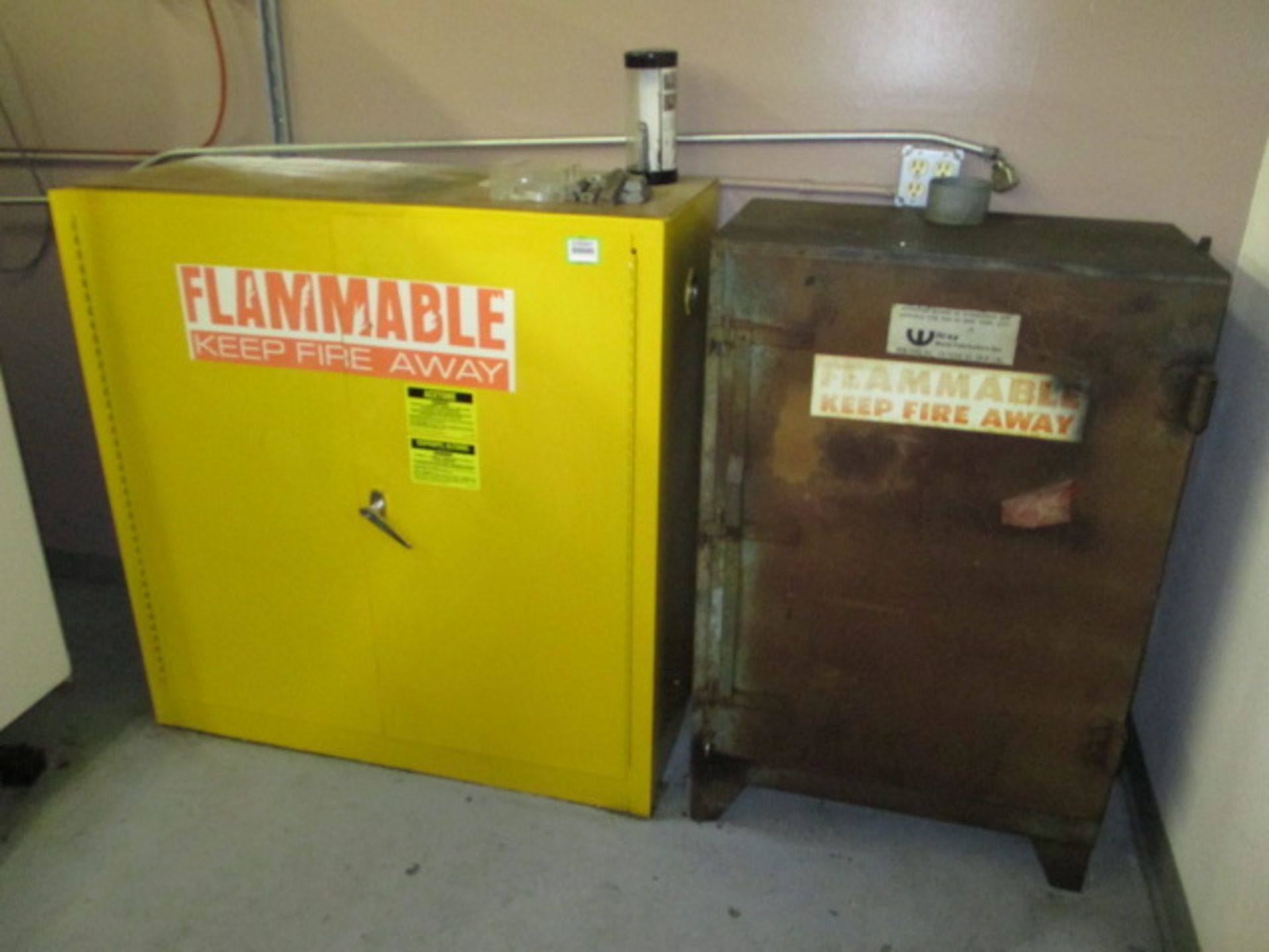 Flam Cabinets. Lot: (2) Flammable Liquids Storage Cabinets with Contents. HIT# 2205841. CNC Room.