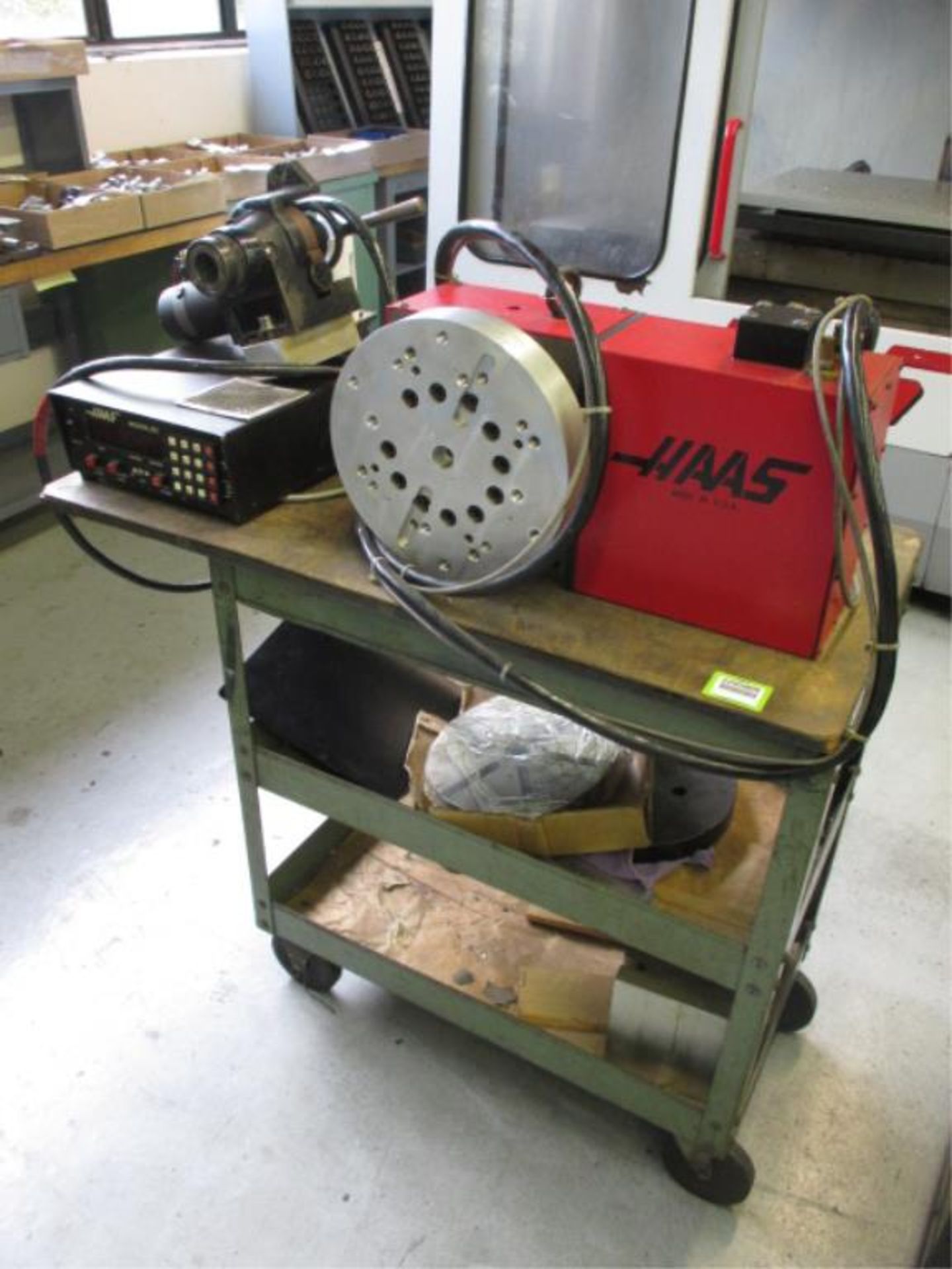 Table Indexers. Haas Lot: (2) Rotary Indexing Heads with Cart and Tools. HIT# 2205809. CNC Room.