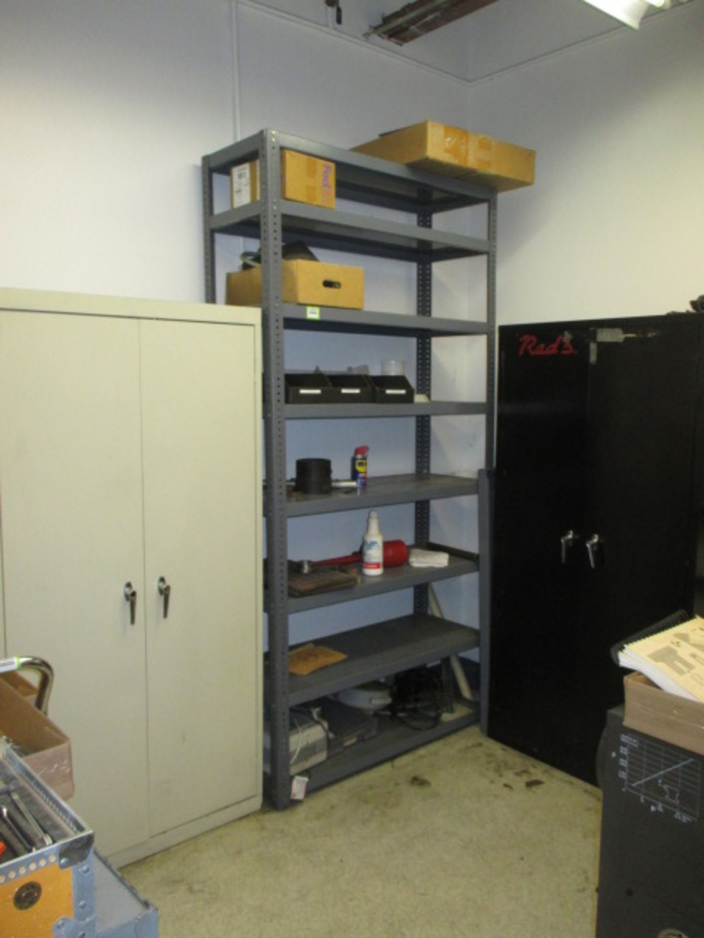 Cabinets with Contents. Lot: (2) Storage Cabinets, (1) 8-Tier Metal Shelving. Contents Include: