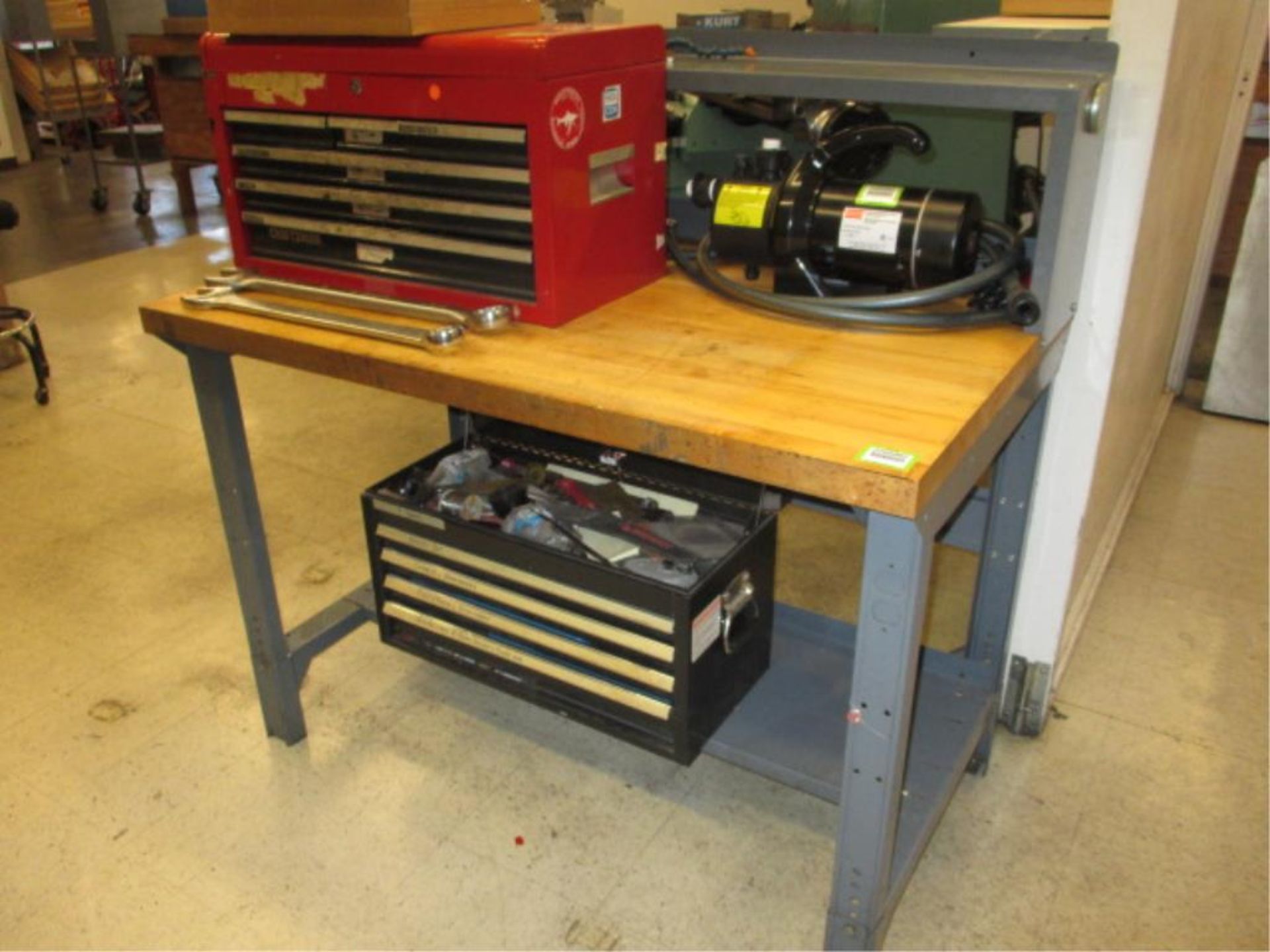 Workbenches. Lot: (3) 4ft Workbenches with Upper Shelving, (2) On Wheels [no contents]. HIT#