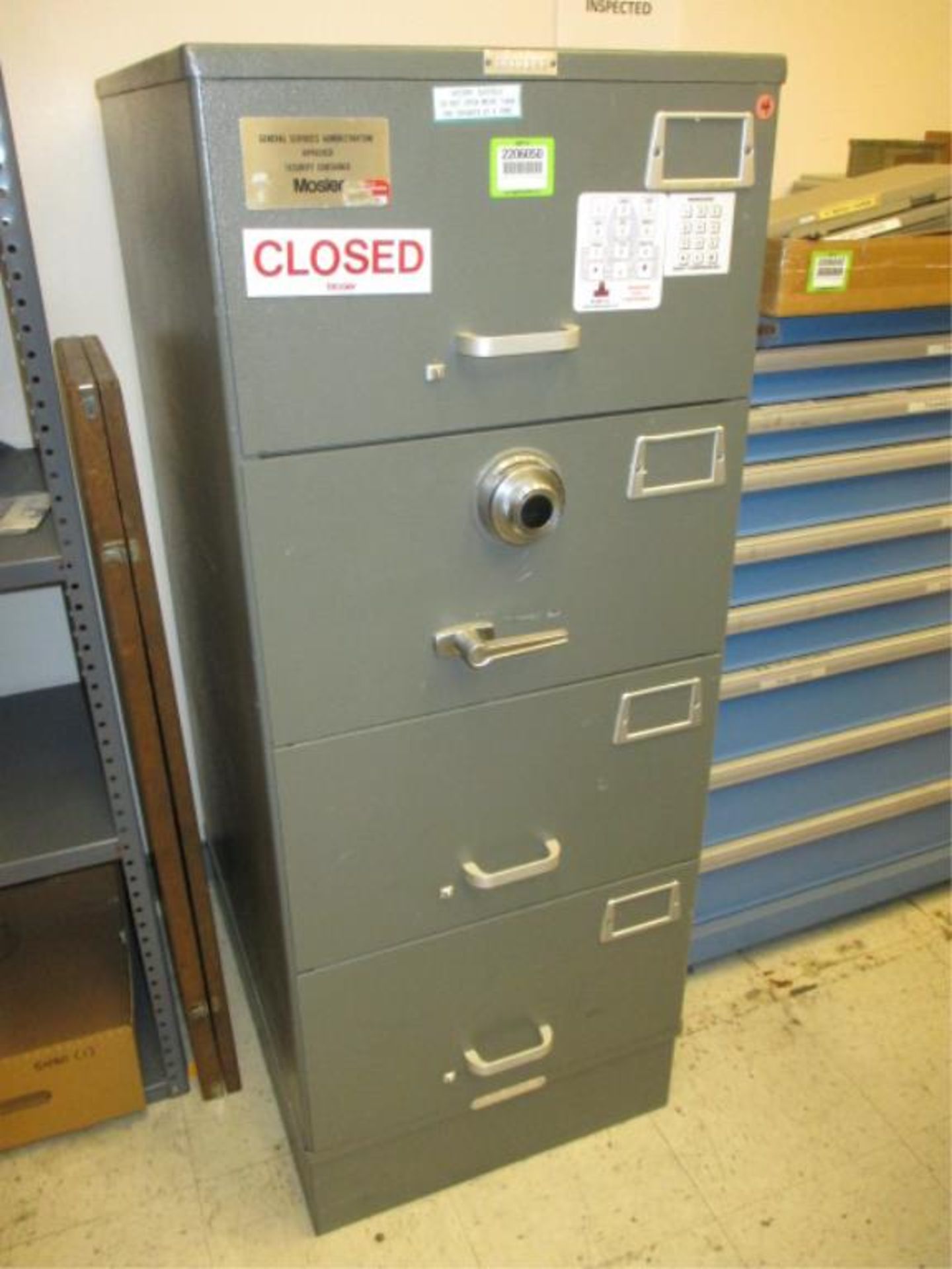 Security Cabinet. Mosler 4-Drawer Vertical Security Cabinet. HIT# 2206050. Inspection. Asset Located