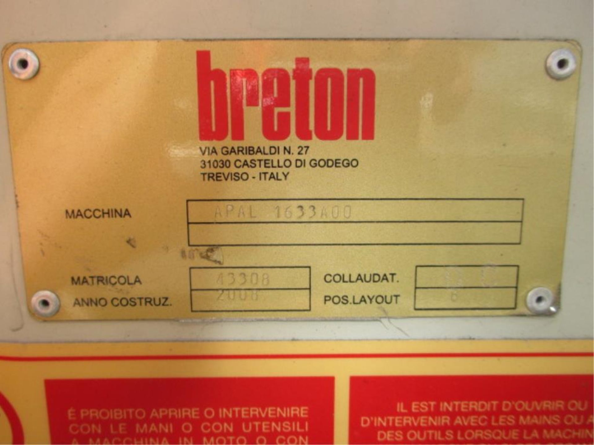 Breton APAL 1633A00 Stone Slab Digitizer with 20ft x 6ft Conveyor, Mfg. Yr. 2008, Barcode Scanner - Image 4 of 9