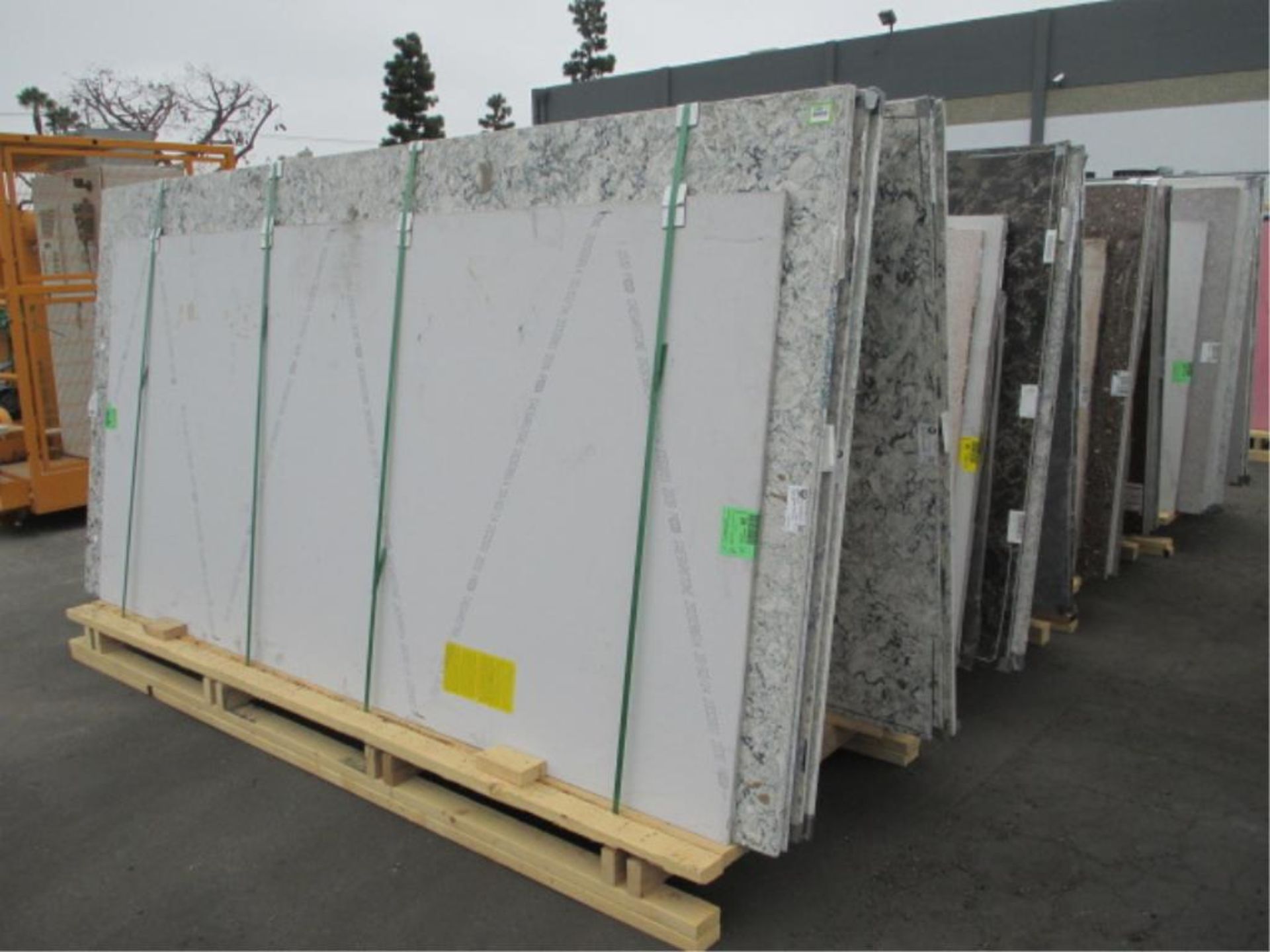 Lot: (Approx. 56) Assorted Quartz Stone Slabs with (4) Wood A-Frames [Click on PDF Hyperlink Located