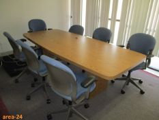 Conference Room Furniture [8'L Conference Table - Simulated Oak ; Qty-7 Haworth Blue Chairs With