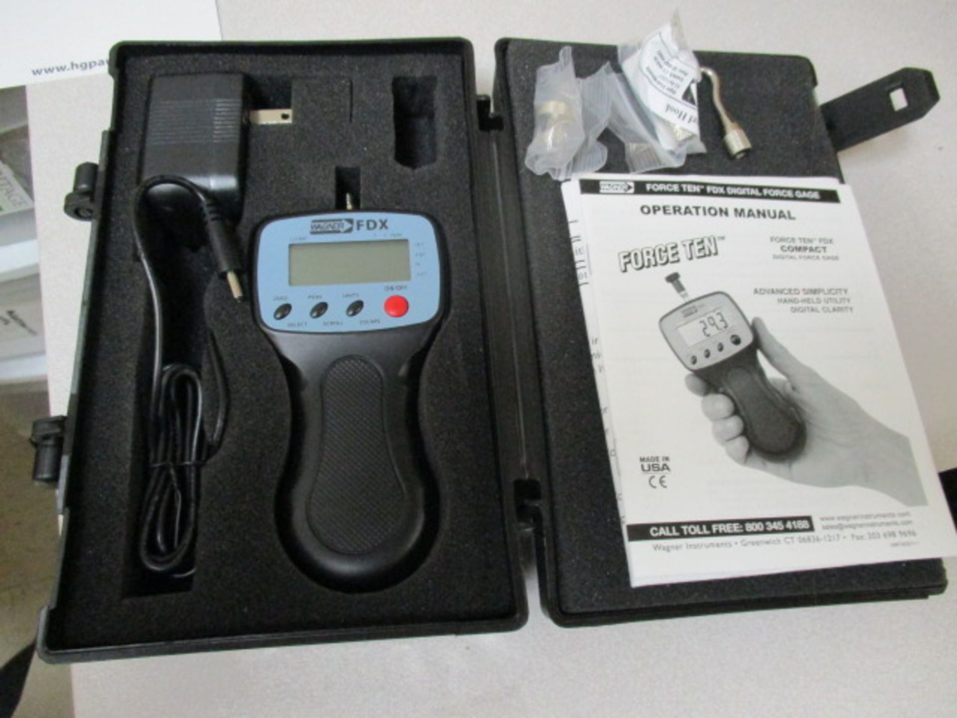 Wagner FDX-ForceTen Handheld Digital Force Gauge s/n-15842. With Power Supply ; Hook ; Operation