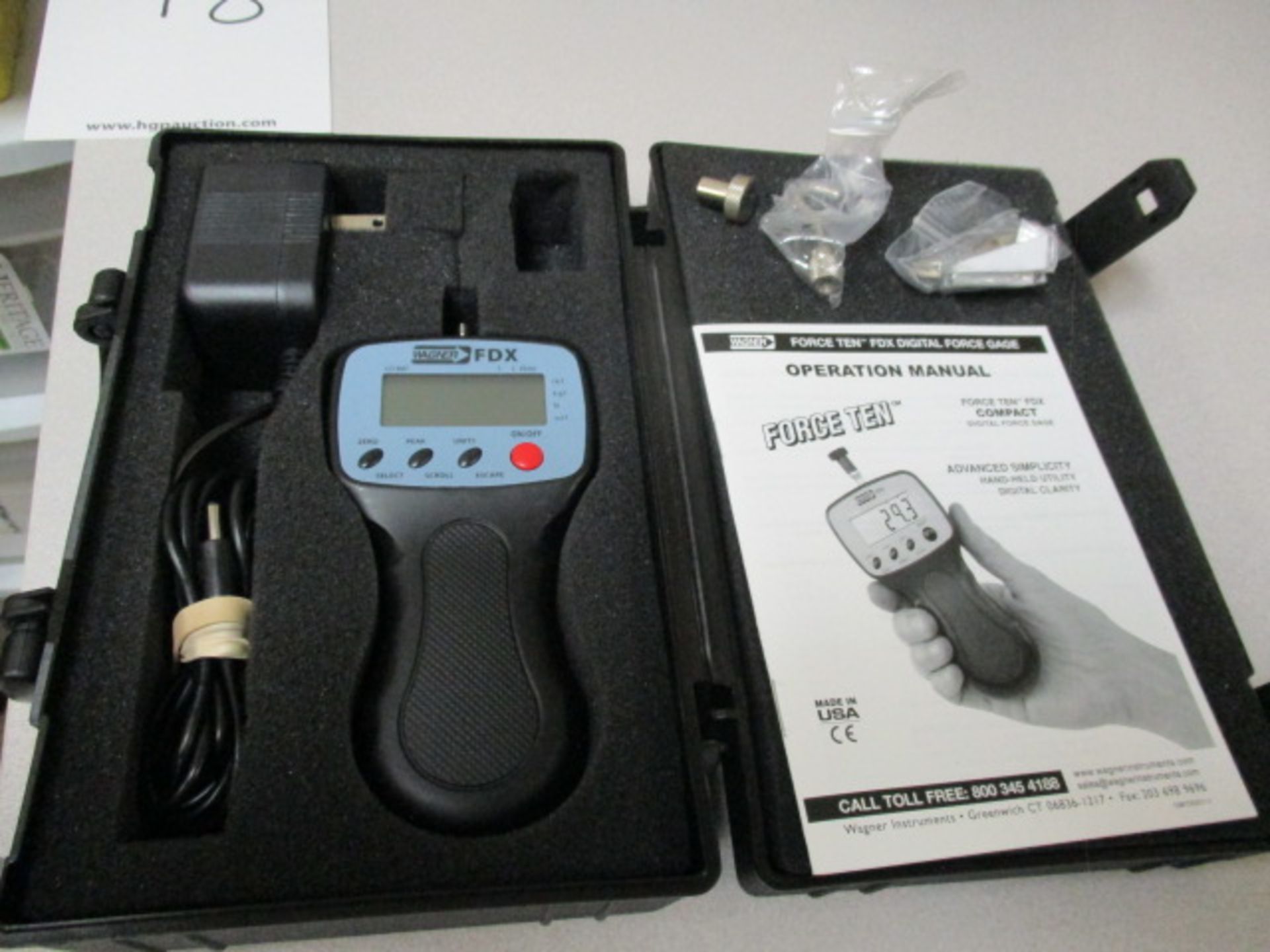 Wagner FDX-ForceTen Handheld Digital Force Gauge s/n-15833. With Power Supply ; Hook ; Operation