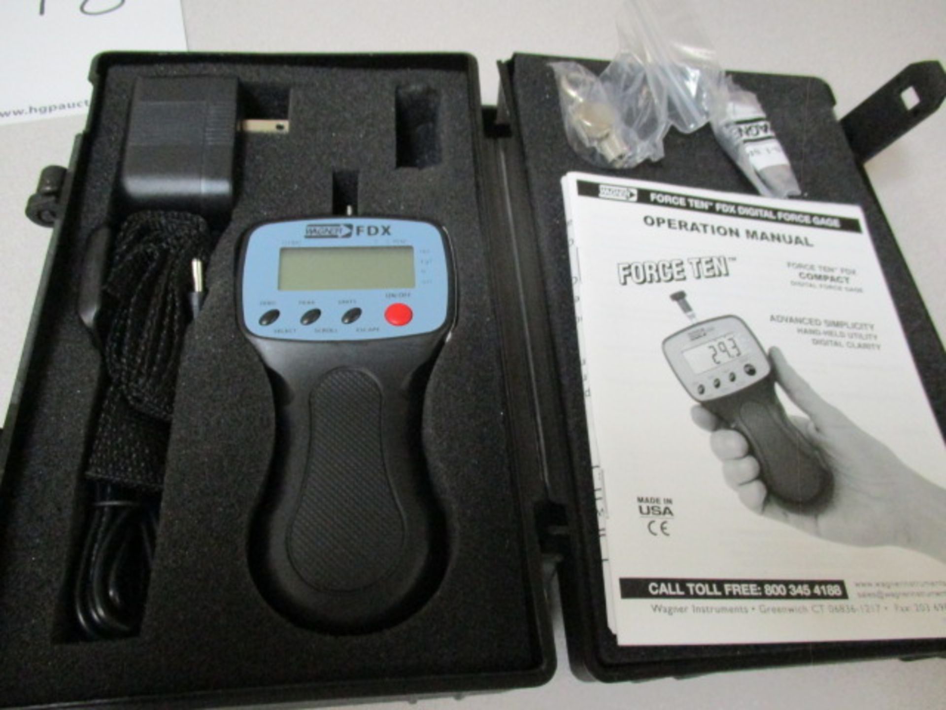 Wagner FDX-ForceTen Handheld Digital Force Gauge s/n-15841. With Power Supply ; Hook ; Operation