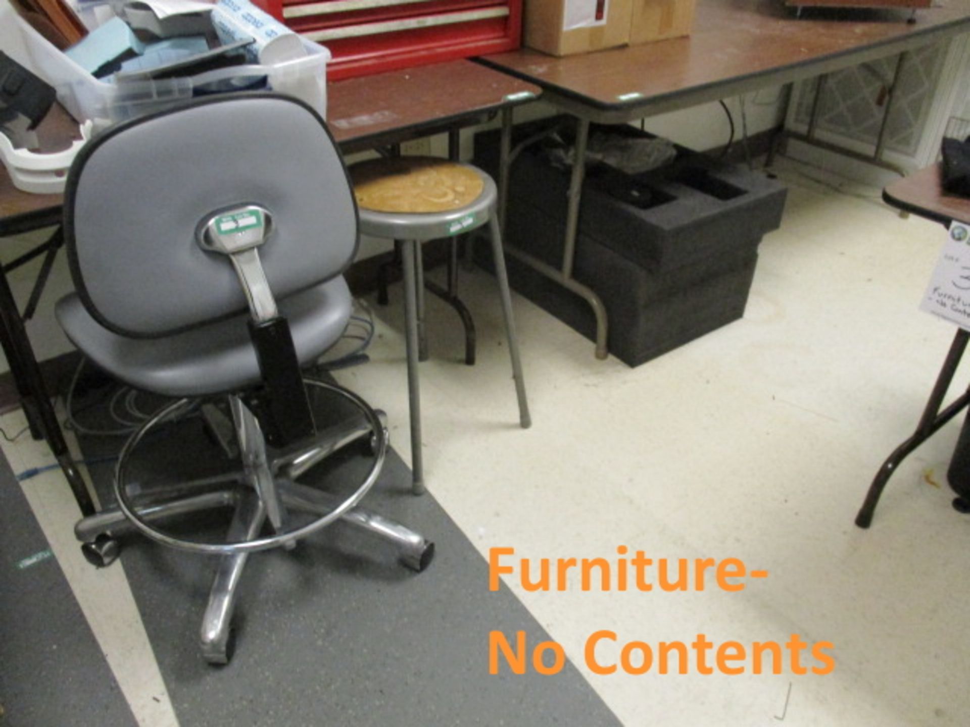 Workroom Furniture - No Contents [Qty-4-Total Folding Tables 2@6'L 1@5'L 1@4'L ; Chair Stool ; Gray