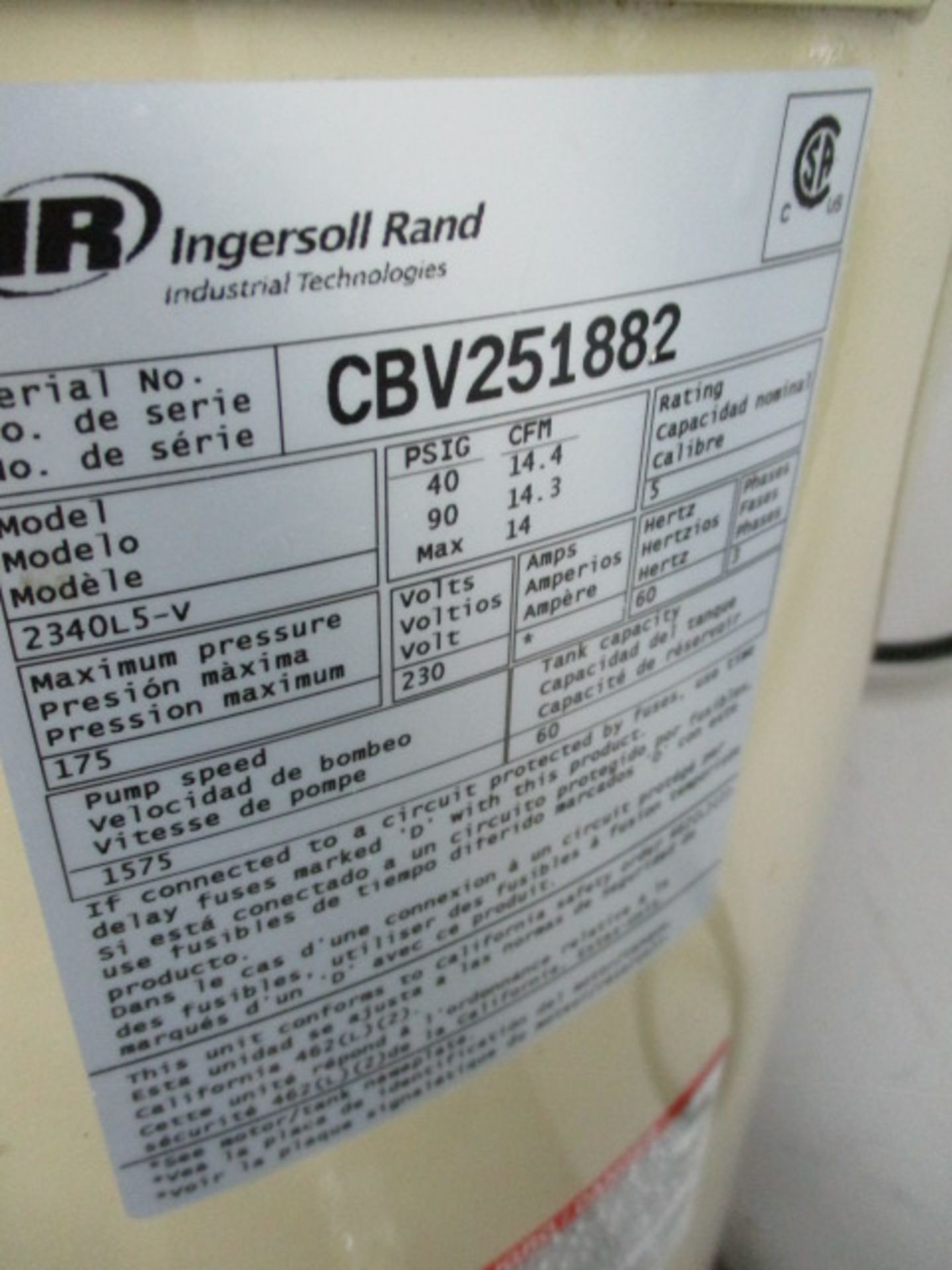 Ingersoll Rand 2340L5-V Stationary Reciprocating Air Compressor (60 Gallon Tank ; 5HP ; 230V ; - Image 3 of 3