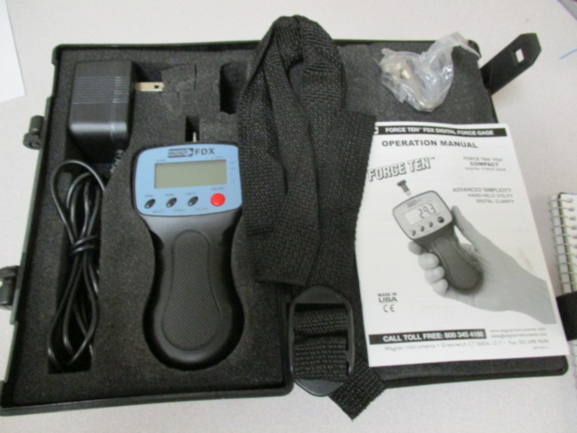 Wagner FDX-ForceTen Handheld Digital Force Gauge s/n-15835. With Power Supply ; Hook ; Operation