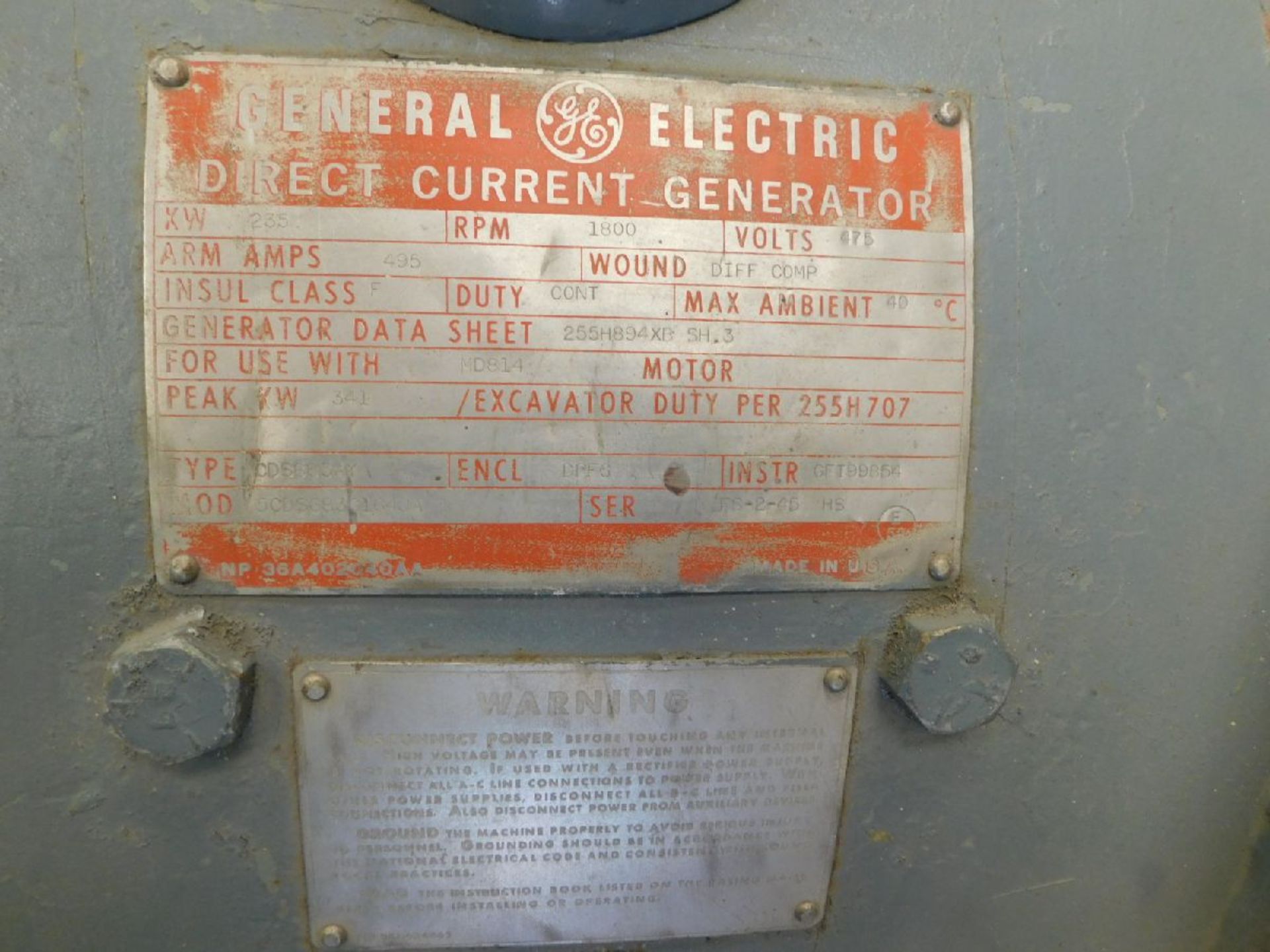 General Electric 5CDS683G164JA Generator, 475V, 235KW, CDS683AY Frame, 1800/1750RPM, CW Motor - Image 7 of 8