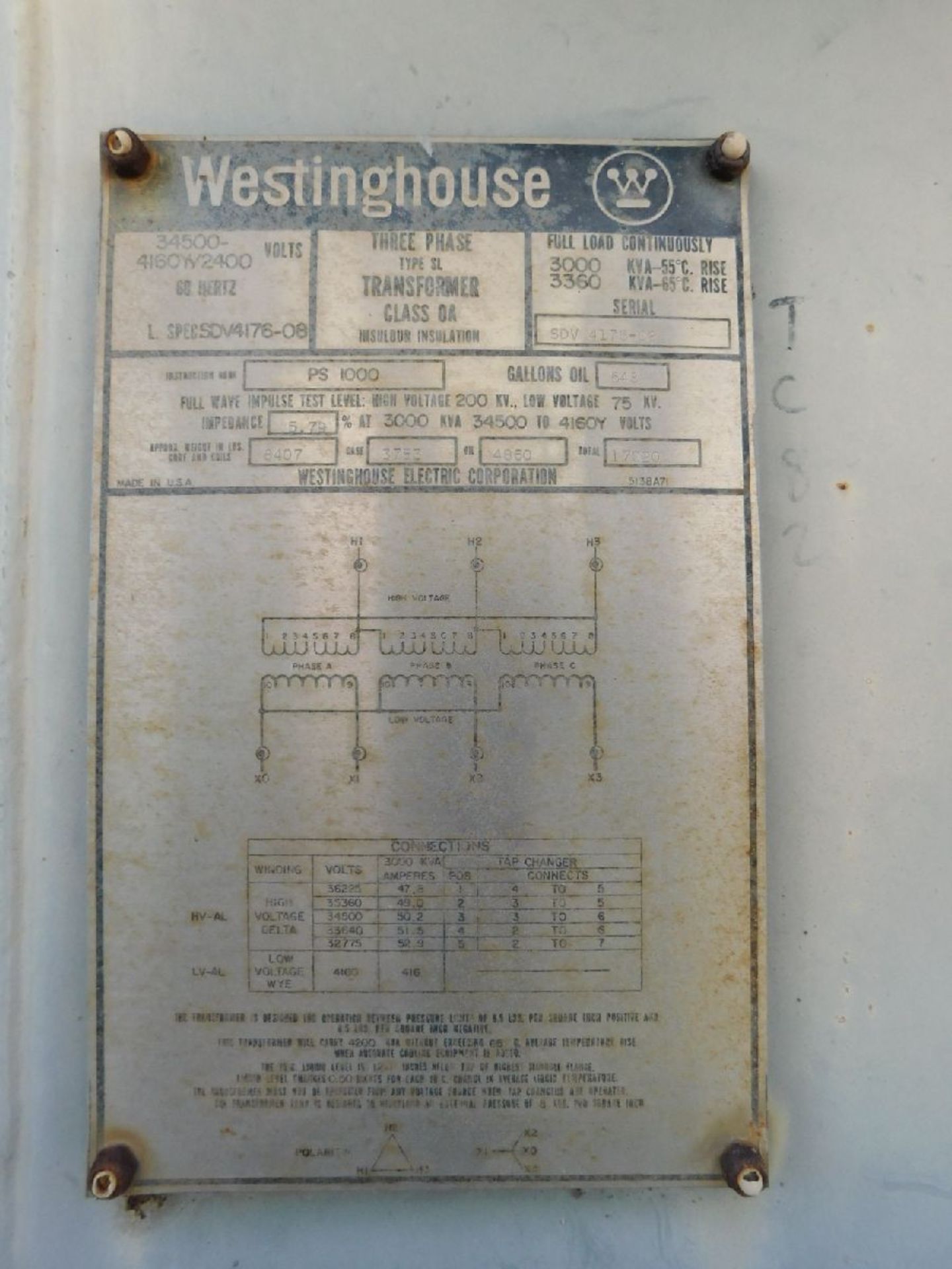 Westinghouse Portable Substation, Volts 34500-4160 2400, 3000KVA, 3PH, SL Transformer, Class OA, - Image 5 of 7