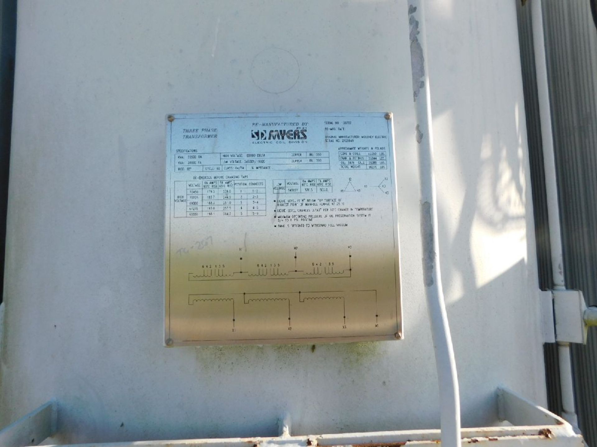 Myers Electric Transformer, 22500KVA, Power Comes in 69KV Form Utility, Transforms to 34,500 KV - Image 2 of 3