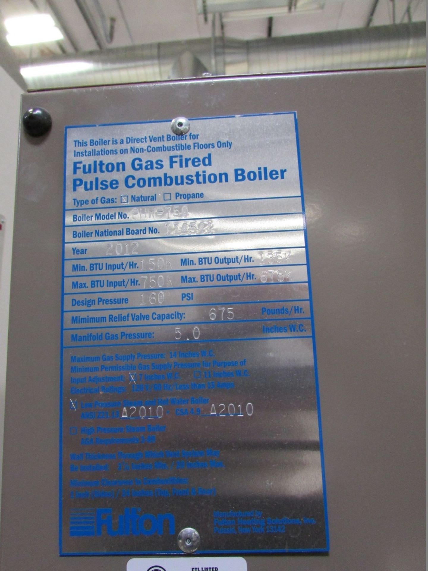 Fulton PHW-750 Natural Gas Fired Pulse Combustion Boiler Unit 150,000 BTU/Hr-750,000BTU/Hr Input, - Image 8 of 8