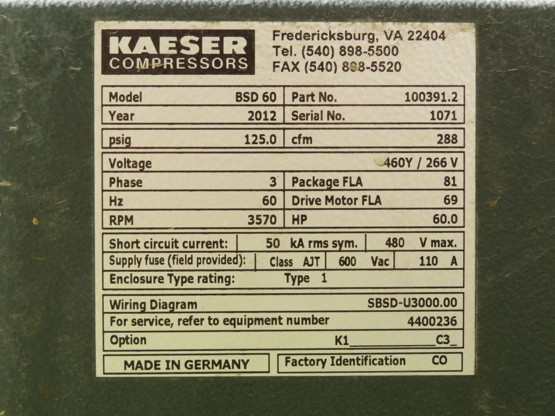 Kaiser Air Compressor System. Includes (1) 2012 Kaiser Model BSD 60 Twin-Screw Rotary Air - Image 7 of 18