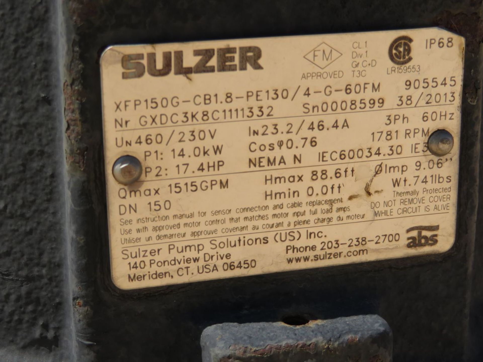 Sulzer Pump Solutions Inc. GXDC3K8C1111332 Rotary Pump, 1515 GPM, 17.4 HP, 14 Kw, 230/460V, 46.4/ - Image 3 of 3