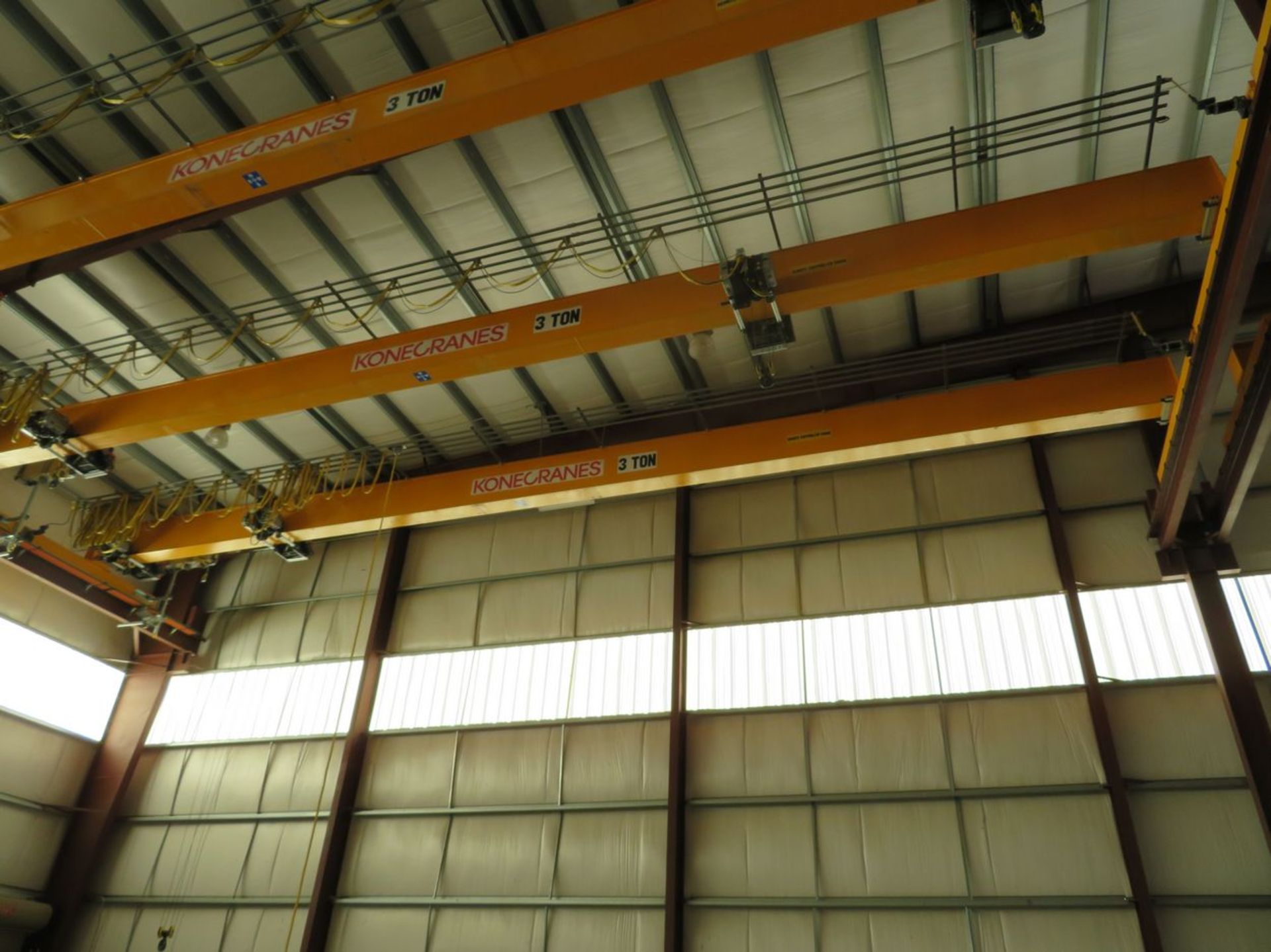 Kone Crane 3-Ton Bridge Crane. Approx. 55' Span, w/ (2) Remote Controlled 1.5-Ton Capacity