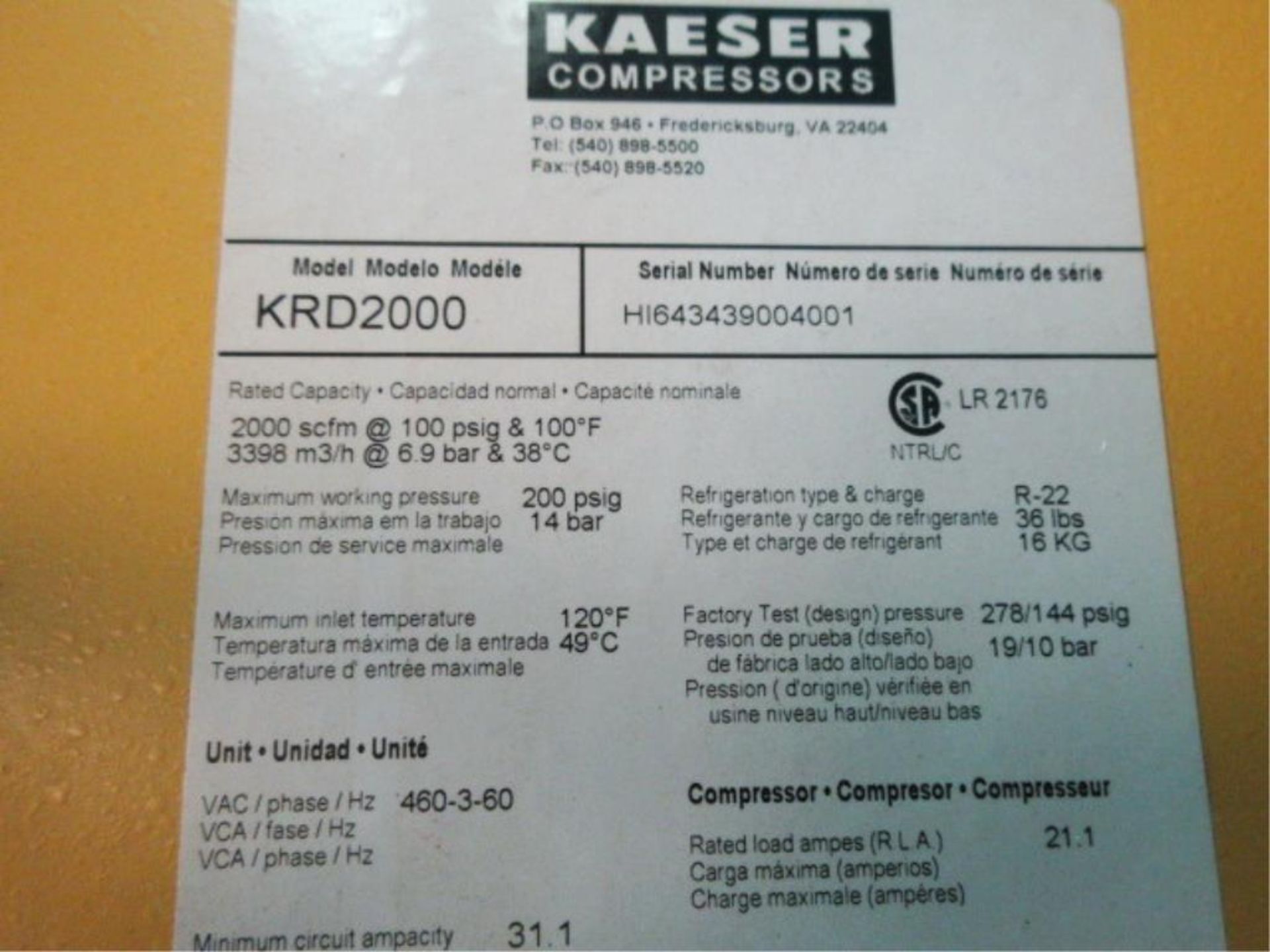Kaeser KRD2000 Refrigerated Compressed Air Dryer, rated capacity 2000 scfm@100F, R-22 refrigerant, - Image 6 of 6