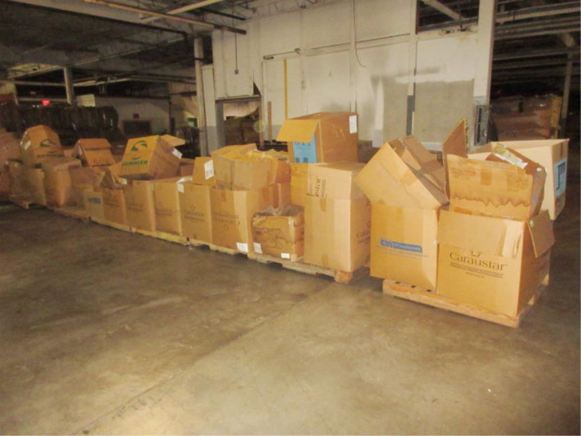 Lot Assorted Corrugated Fiber & Plastic Cores, all on 7 pallets, one row. HIT# 2179461. whse 3.