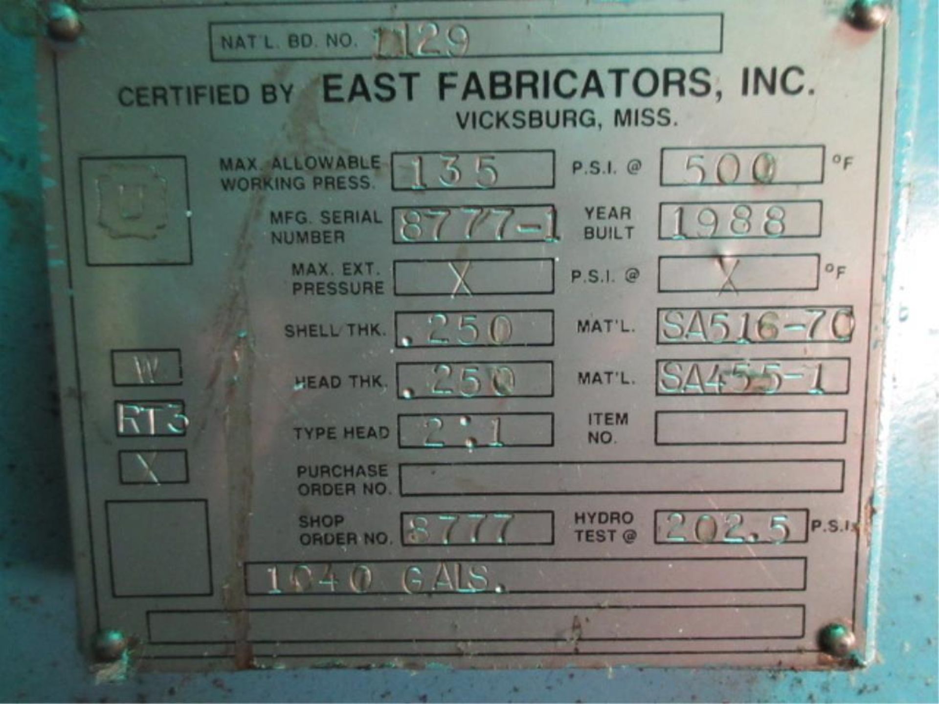 East Fabricators Inc. Air Storage Tank, (1988), 1040 gallon capacity, m.a.w.p. 135 psi @ 500F, - Image 2 of 2