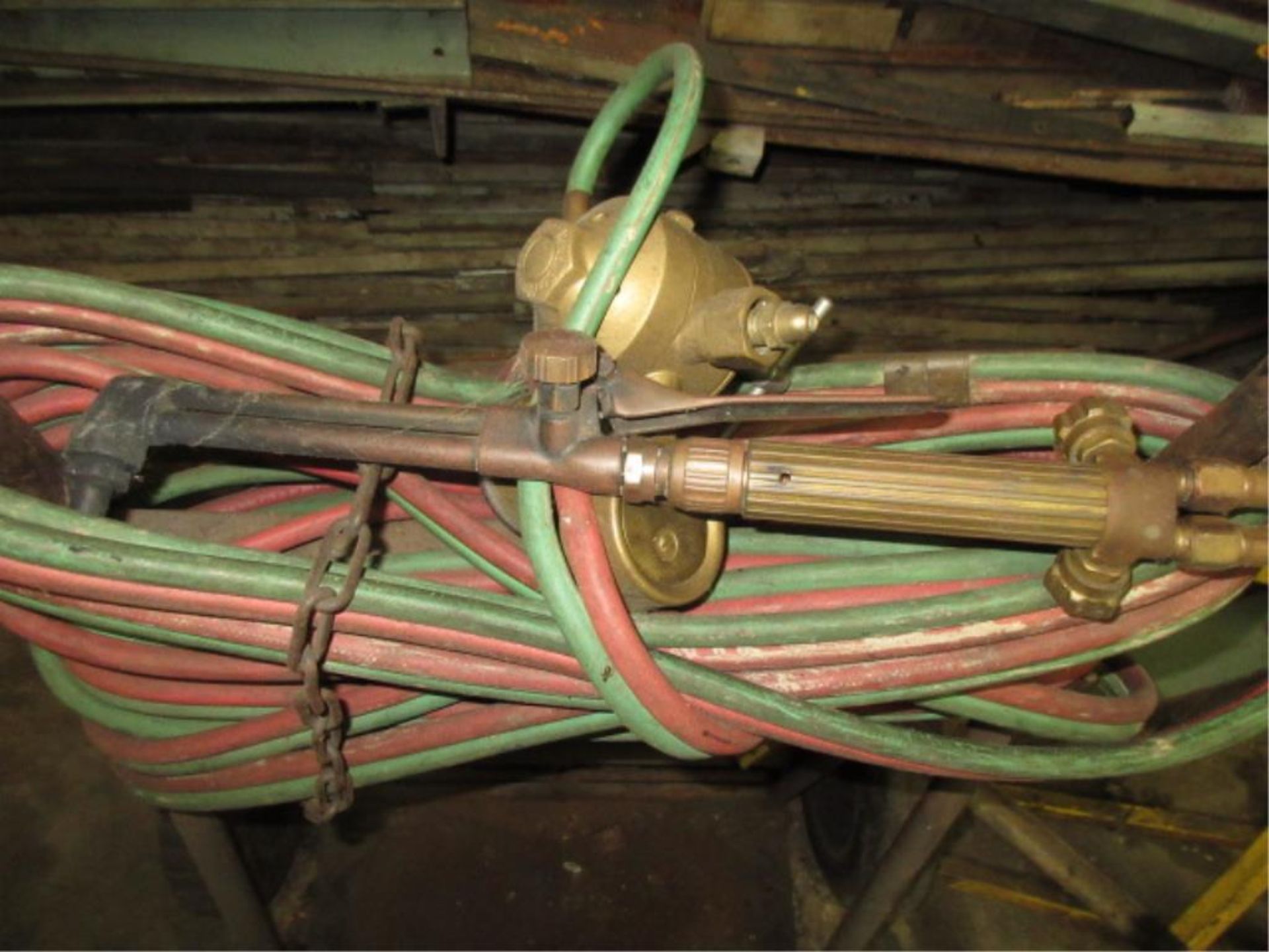 Torch Outfit, includes: torch, regulator, hose & cart. HIT# 2179345. basement weld shop. Asset - Image 2 of 2