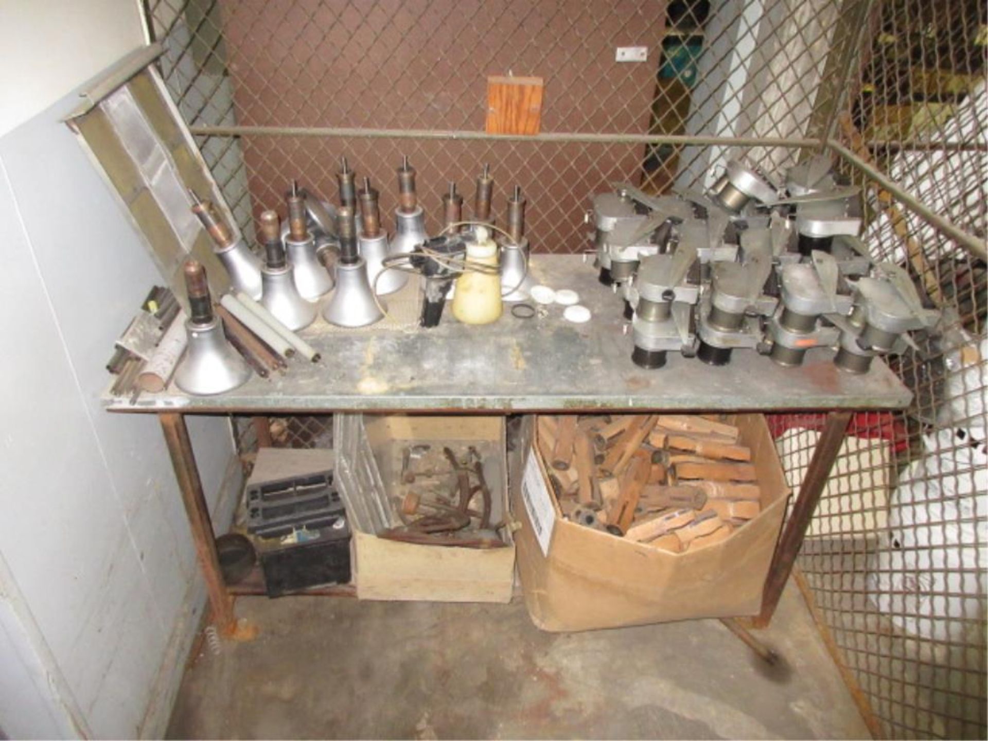 Lot Misc. Machine Parts, on rack and on one table. HIT# 2179433. basement crib area. Asset Located - Image 2 of 2