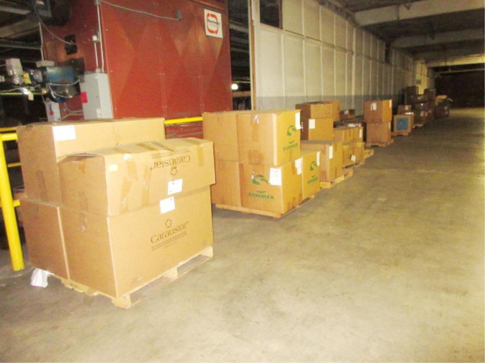 Lot Assorted Corrugated Fiber Cores, all on 19 pallets, in one row. HIT# 2179468. whse 3. Asset