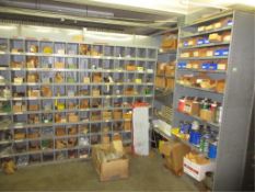 Lot Assorted Hardware, nuts, bolts, screws, in 8 sections of shelving. HIT# 2179427. basement crib.